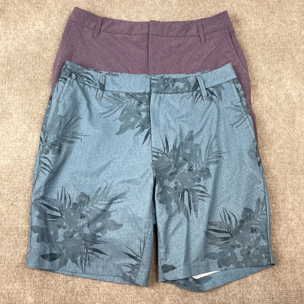 All In Motion Chino Shorts Mens 32 Purple Gray Tropical Leaves Print Lot Of 2